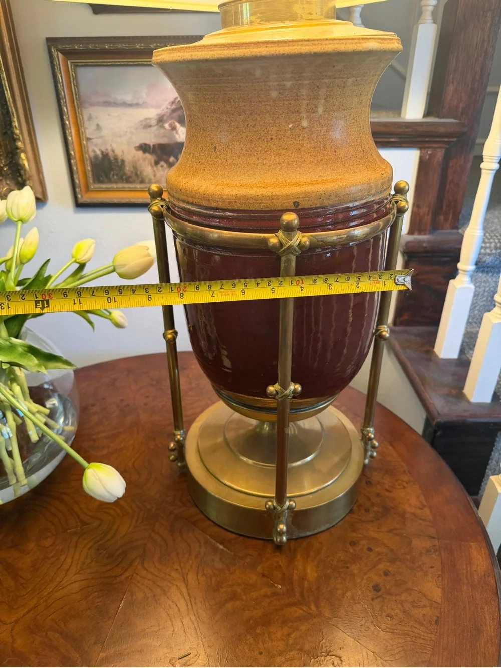 Vintage Mid Century Ceramic Brass Accent Table Lamp in Red and Tan by - Picture 12 of 12